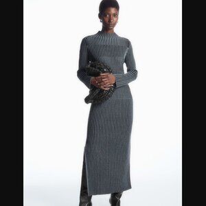COS Striped Ribbed Knit Long Sleeve Midi Dress in Blue Black Size L